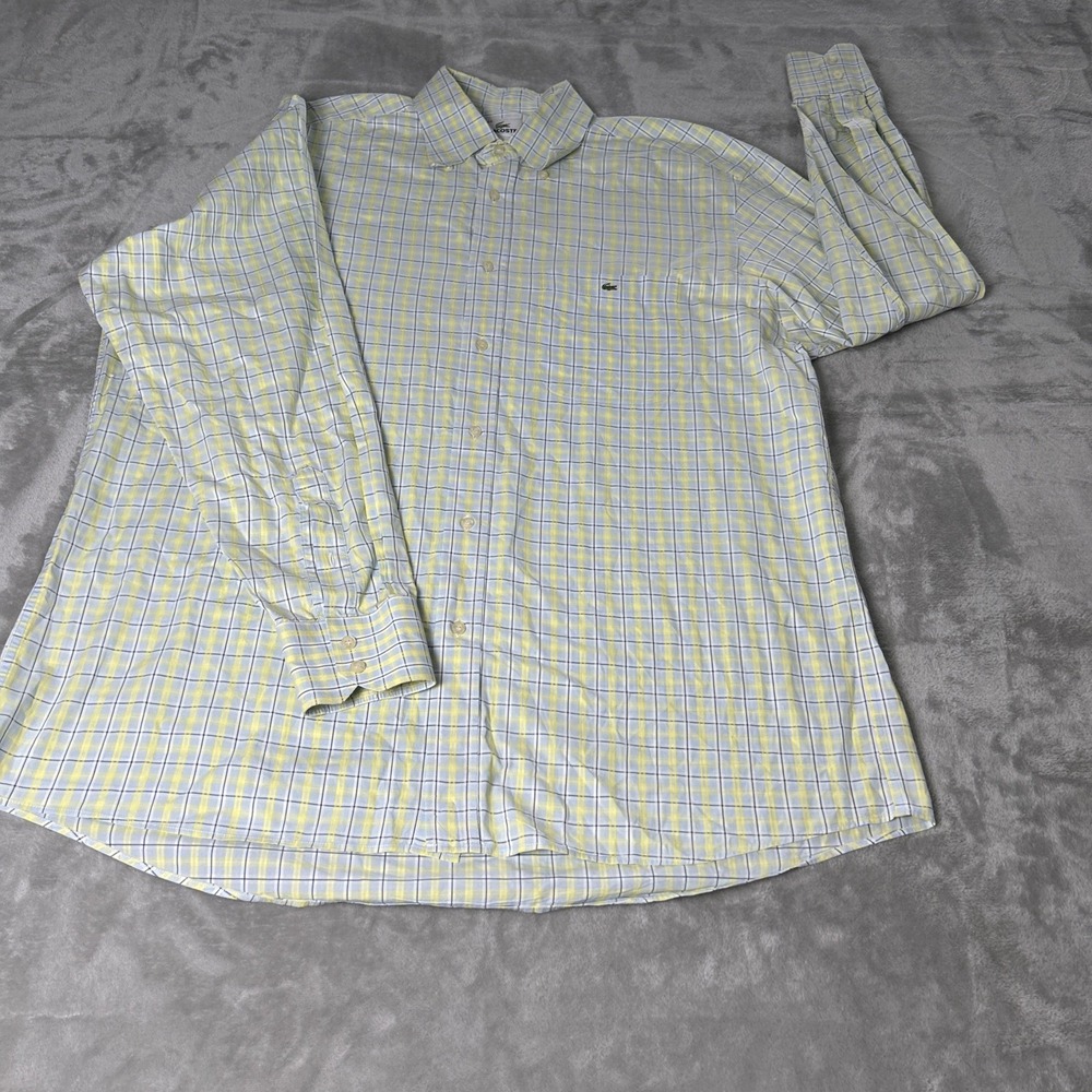 Mens Lacoste Long Sleeve Button Up Shirt Regular Fit Plaid Yellow Sz 44